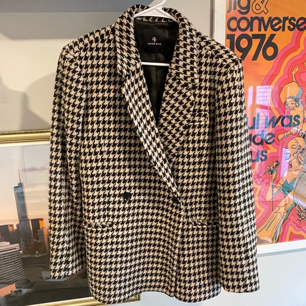 ANINE BING Houndstooth Blazer - Black and Cream